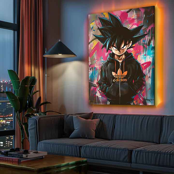 Modern tablou pe pânză cu motivul Saiyan: Bojovník moci în negru-violet nuanțe, atmosferă energică | Tablou Saiyan: Bojovník moci – produs