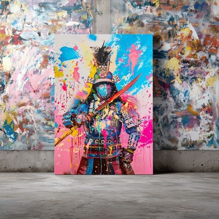 Pictat manual tablou pe pânză cu motivul Samurai Spirit na pânză în galben-alb nuanțe, atmosferă energică, forță | Tablou Samurai Spirit na pânză – produs