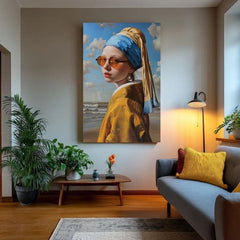 Modern tablou pe pânză cu motivul Sea Pearl, plajă, ocean, cer în albastru-galben nuanțe, atmosferă jucăușă, cultură pop | Tablou Sea Pearl – produs, vedere 2