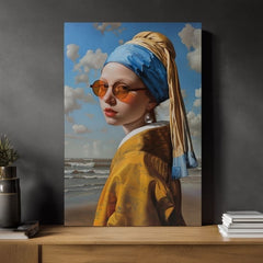 Modern tablou pe pânză cu motivul Sea Pearl, plajă, ocean, cer în albastru-galben nuanțe, atmosferă jucăușă, cultură pop | Tablou Sea Pearl – produs, vedere 3