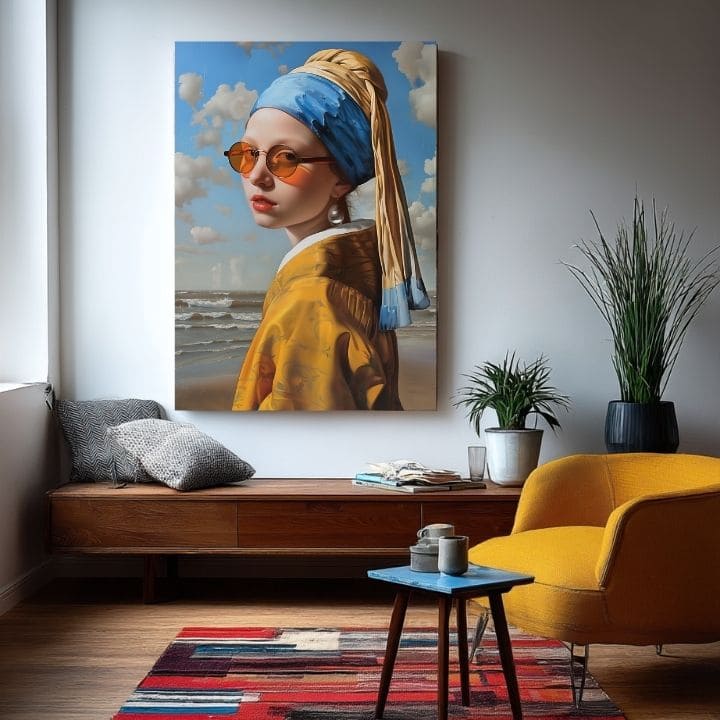 Modern tablou pe pânză cu motivul Sea Pearl, plajă, ocean, cer în albastru-galben nuanțe, atmosferă jucăușă, cultură pop | Tablou Sea Pearl – produs