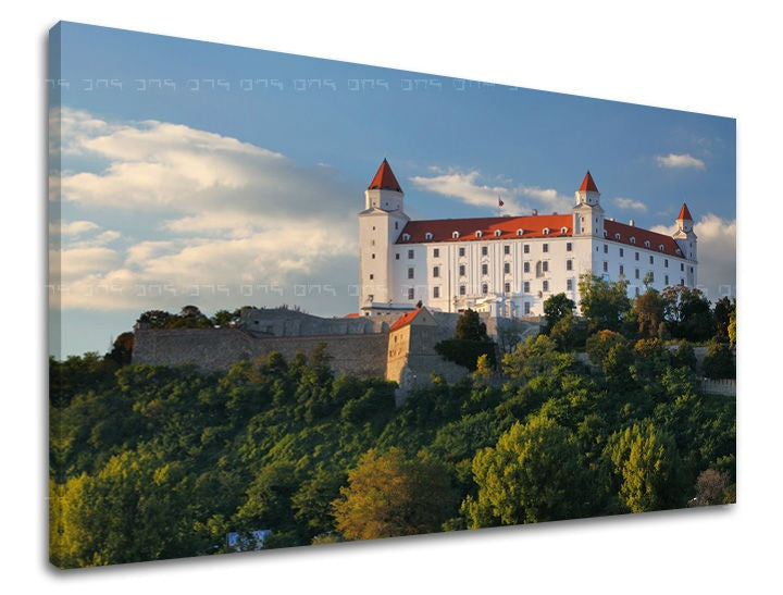 Clasic tablou cu motivul SLOVACIA, castel, copaci în alb-albastru nuanțe | Tablou de perete SLOVACIA – previzualizare