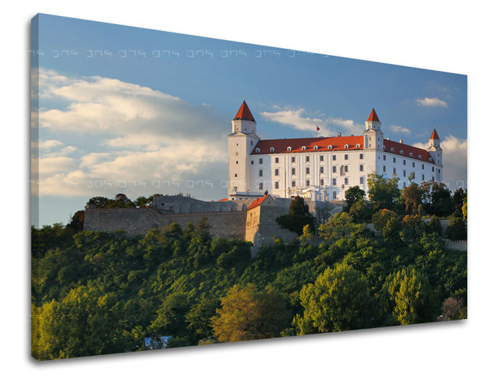 Clasic tablou pe pânză cu motivul SLOVACIA, castel, copaci, cer, nori în alb-albastru nuanțe, atmosferă liniștită, potrivit pentru birou – principală