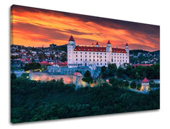 Clasic tablou cu motivul SLOVACIA, castel, oraș în alb-portocaliu nuanțe | Tablou de perete SLOVACIA, natură – previzualizare