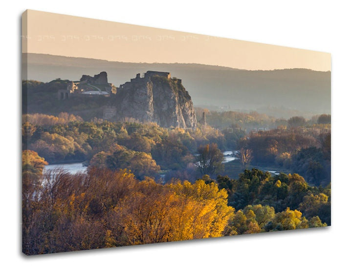 Modern tablou pe pânză cu motivul SLOVACIA, pădure, râu în auriu-gri nuanțe, atmosferă liniștită, natură și singurătate | Tablou de perete SLOVACIA – principală