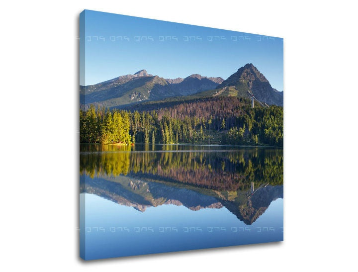 Clasic tablou cu motivul SLOVACIA, munți, lac în alb-albastru nuanțe | Tablou de perete SLOVACIA, natură și sălbăticie – previzualizare