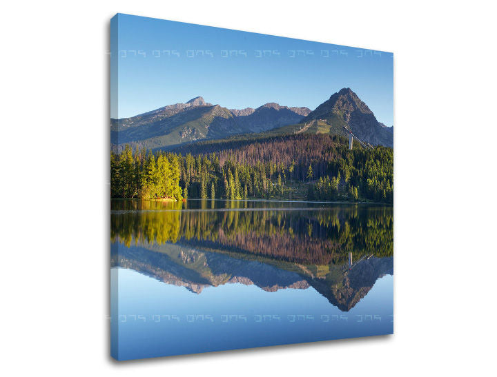Clasic tablou pe pânză cu motivul SLOVACIA, munți, lac, pădure, cer în alb-albastru nuanțe, atmosferă liniștită, natură și sălbăticie, potrivit pentru birou de lucru – principală
