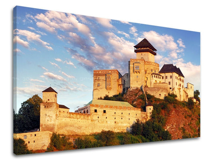 Modern tablou cu motivul SLOVACIA, castel, turn în albastru-bej nuanțe | Tablou de perete SLOVACIA, decorațiune de perete – previzualizare
