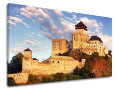 Modern tablou cu motivul SLOVACIA, castel, turn în albastru-bej nuanțe | Tablou de perete SLOVACIA, decorațiune de perete – previzualizare