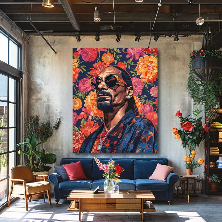 Modern tablou pe pânză cu motivul Snoop Dogg - Ikona rapovej scény, flori în portocaliu nuanțe | Tablou Snoop Dogg - Ikona rapovej scény – produs, vedere 2
