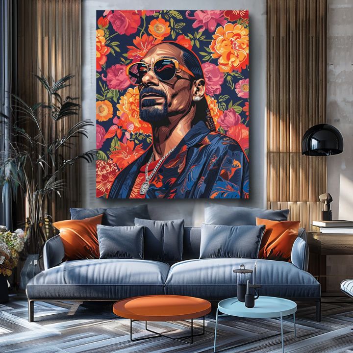 Modern tablou pe pânză cu motivul Snoop Dogg - Ikona rapovej scény, flori în portocaliu nuanțe | Tablou Snoop Dogg - Ikona rapovej scény – produs