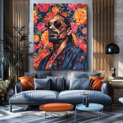 Modern tablou pe pânză cu motivul Snoop Dogg - Ikona rapovej scény, flori în portocaliu nuanțe | Tablou Snoop Dogg - Ikona rapovej scény – produs