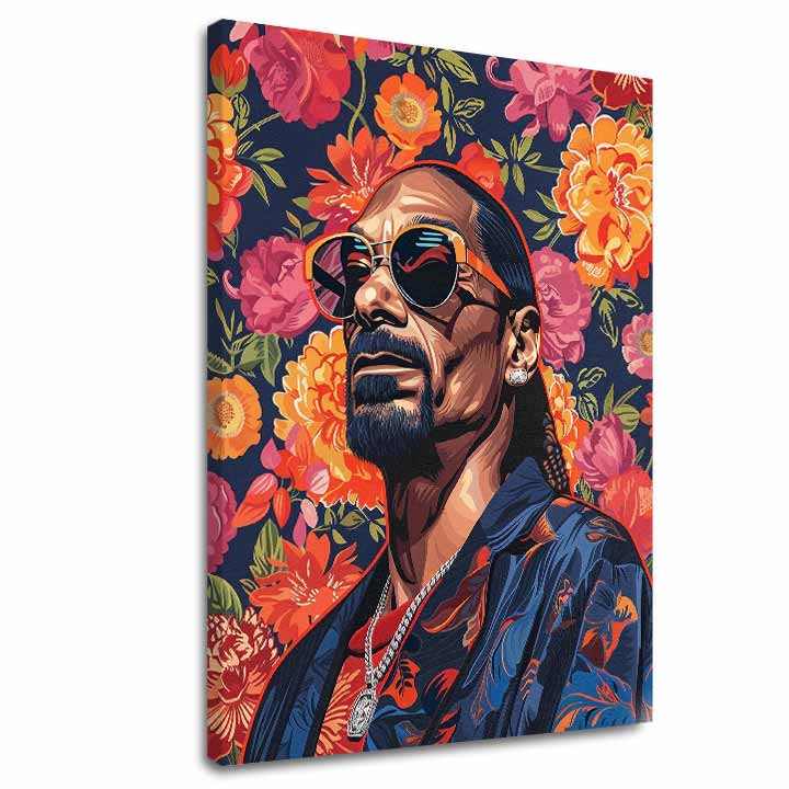 Modern tablou pe pânză cu motivul Snoop Dogg - Ikona rapovej scény, flori în portocaliu nuanțe | Tablou Snoop Dogg - Ikona rapovej scény – principală