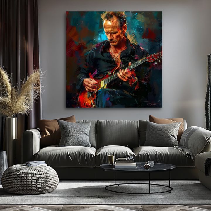 Pictat manual tablou pe pânză cu motivul Sting - Rege Grammy în albastru-roșu nuanțe, atmosferă intensă, rock and roll și creativitate | Tablou Sting - Rege Grammy – produs, vedere 2