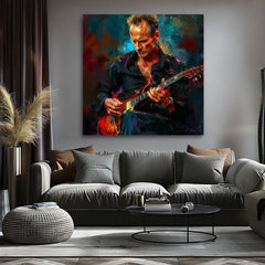 Pictat manual tablou pe pânză cu motivul Sting - Rege Grammy în albastru-roșu nuanțe, atmosferă intensă, rock and roll și creativitate | Tablou Sting - Rege Grammy – produs, vedere 2