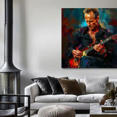Pictat manual tablou pe pânză cu motivul Sting - Rege Grammy în albastru-roșu nuanțe, atmosferă intensă, rock and roll și creativitate | Tablou Sting - Rege Grammy – produs