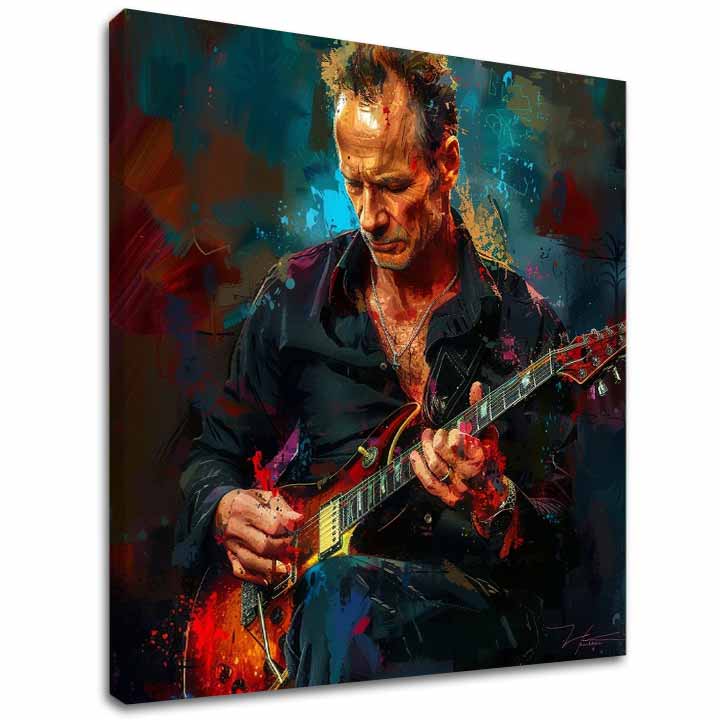 Pictat manual tablou pe pânză cu motivul Sting - Rege Grammy în albastru-roșu nuanțe, atmosferă intensă, rock and roll și creativitate | Tablou Sting - Rege Grammy – principală