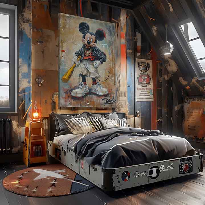 Pictat manual tablou pe pânză cu motivul Street Mickey na pânză în bej-negru nuanțe, atmosferă urbană, cultură pop și nostalgie | Tablou Street Mickey na pânză – produs