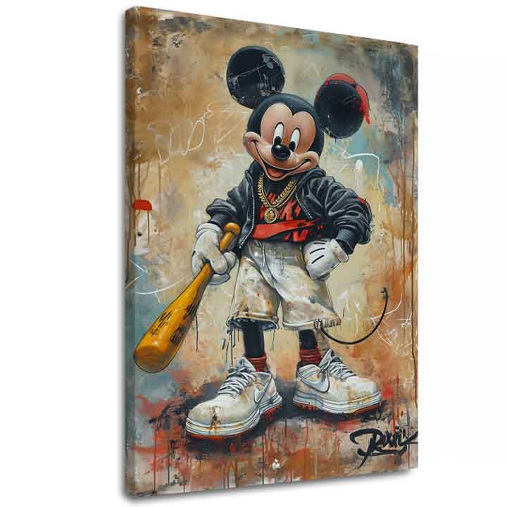Pictat manual tablou pe pânză cu motivul Street Mickey na pânză în bej-negru nuanțe, atmosferă urbană, cultură pop și nostalgie | Tablou Street Mickey na pânză – principală
