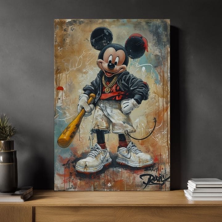 Pictat manual tablou pe pânză cu motivul Street Mickey na pânză în negru-alb nuanțe, atmosferă îndrăzneață, cultură pop și viață urbană | Tablou Street Mickey na pânză – produs, vedere 2