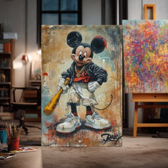 Pictat manual tablou pe pânză cu motivul Street Mickey na pânză în negru-alb nuanțe, atmosferă îndrăzneață, cultură pop și viață urbană | Tablou Street Mickey na pânză – produs, vedere 3
