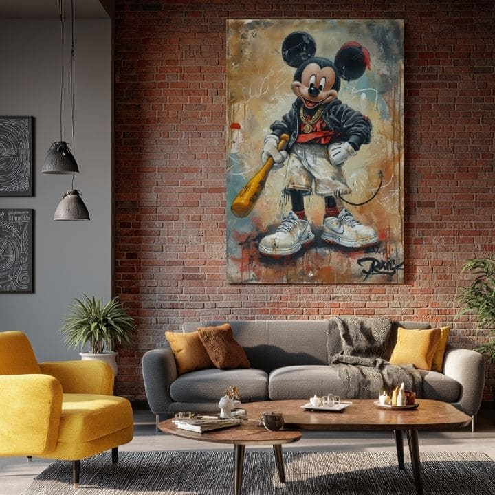 Pictat manual tablou pe pânză cu motivul Street Mickey na pânză în negru-alb nuanțe, atmosferă îndrăzneață, cultură pop și viață urbană | Tablou Street Mickey na pânză – produs