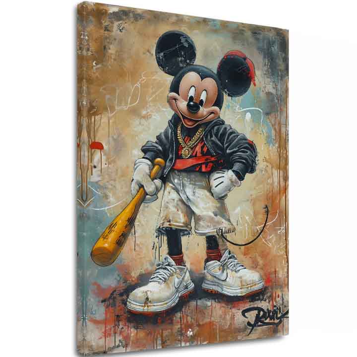Pictat manual tablou pe pânză cu motivul Street Mickey na pânză în negru-alb nuanțe, atmosferă îndrăzneață, cultură pop și viață urbană | Tablou Street Mickey na pânză – principală