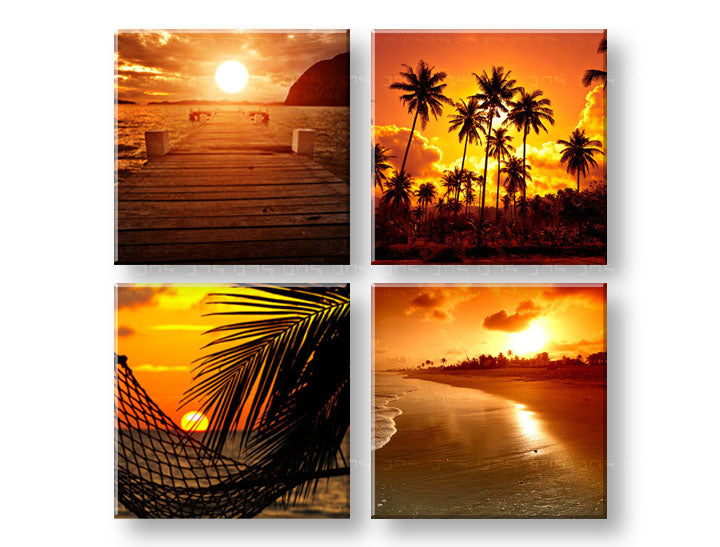 Colaj tablou pe pânză cu motivul Summer time, ponton, palmieri, plajă, ocean în portocaliu-roșu nuanțe, atmosferă liniștită, execuție multi-panou – principală