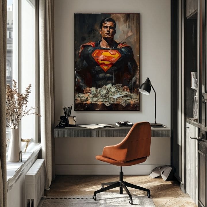Pictat manual tablou pe pânză cu motivul Superman: Muž peňazí în roșu-galben nuanțe, forță și putere | Tablou Superman: Muž peňazí – produs, vedere 2