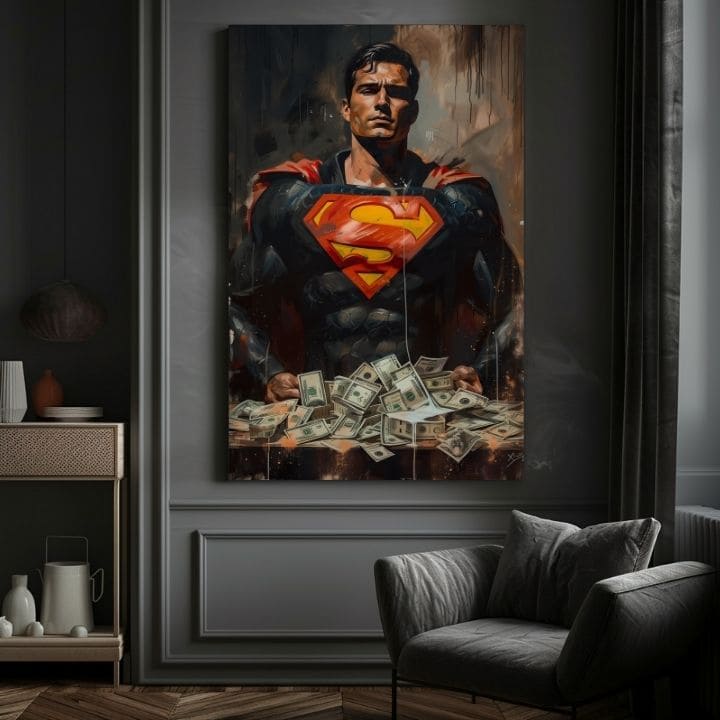 Pictat manual tablou pe pânză cu motivul Superman: Muž peňazí în roșu-galben nuanțe, forță și putere | Tablou Superman: Muž peňazí – produs, vedere 3
