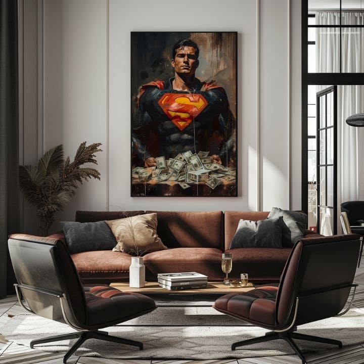 Pictat manual tablou pe pânză cu motivul Superman: Muž peňazí în roșu-galben nuanțe, forță și putere | Tablou Superman: Muž peňazí – produs, vedere 4
