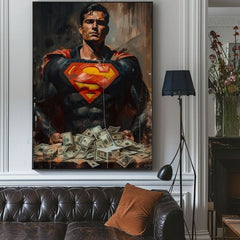 Pictat manual tablou pe pânză cu motivul Superman: Muž peňazí în roșu-galben nuanțe, forță și putere | Tablou Superman: Muž peňazí – produs