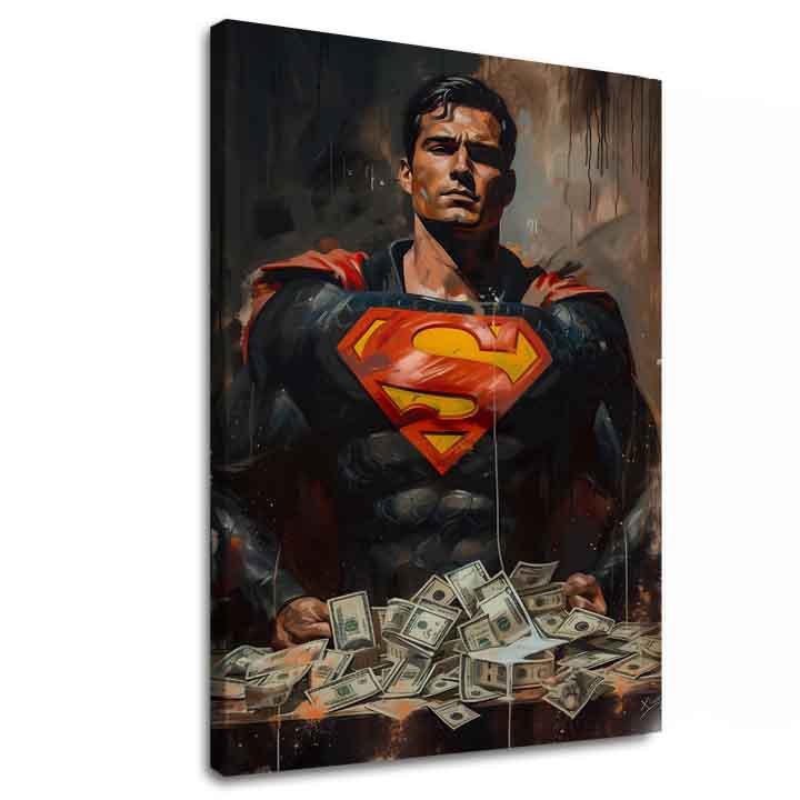 Pictat manual tablou pe pânză cu motivul Superman: Muž peňazí în roșu-galben nuanțe, forță și putere | Tablou Superman: Muž peňazí – principală
