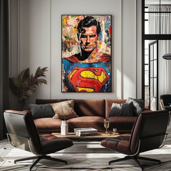 Pictat manual tablou pe pânză cu motivul Superman: Pop ikona în albastru-galben nuanțe, cultură pop și viață urbană | Tablou Superman: Pop ikona – produs, vedere 2