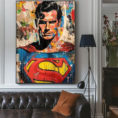 Pictat manual tablou pe pânză cu motivul Superman: Pop ikona în albastru-galben nuanțe, cultură pop și viață urbană | Tablou Superman: Pop ikona – produs, vedere 3