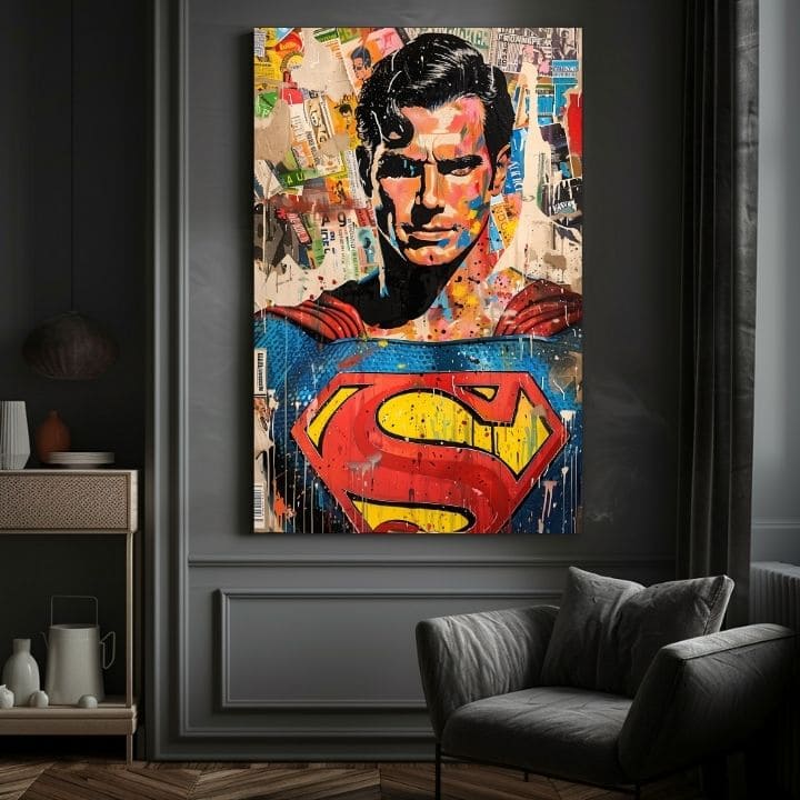 Pictat manual tablou pe pânză cu motivul Superman: Pop ikona în albastru-galben nuanțe, cultură pop și viață urbană | Tablou Superman: Pop ikona – produs, vedere 4