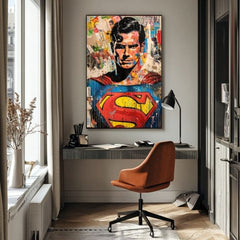 Pictat manual tablou pe pânză cu motivul Superman: Pop ikona în albastru-galben nuanțe, cultură pop și viață urbană | Tablou Superman: Pop ikona – produs