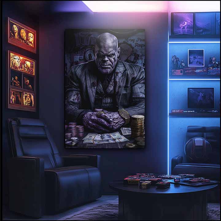 Modern tablou pe pânză cu motivul Thanos: Vládca nekonečna în violet-auriu nuanțe, forță și putere | Tablou Thanos: Vládca nekonečna – produs