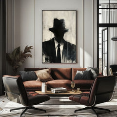 Pictat manual tablou pe pânză cu motivul The Faceless Mobster în negru-alb nuanțe, atmosferă misterioasă, mister și viață urbană | Tablou The Faceless Mobster – produs, vedere 2