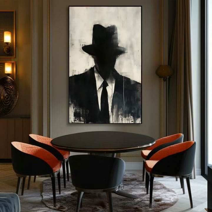 Pictat manual tablou pe pânză cu motivul The Faceless Mobster în negru-alb nuanțe, atmosferă misterioasă, mister și viață urbană | Tablou The Faceless Mobster – produs, vedere 3