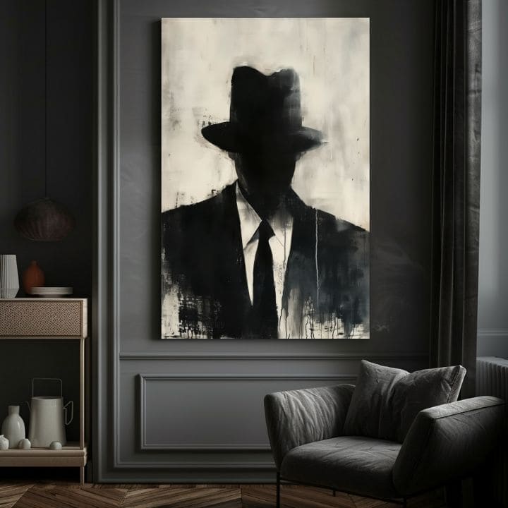 Pictat manual tablou pe pânză cu motivul The Faceless Mobster în negru-alb nuanțe, atmosferă misterioasă, mister și viață urbană | Tablou The Faceless Mobster – produs, vedere 4