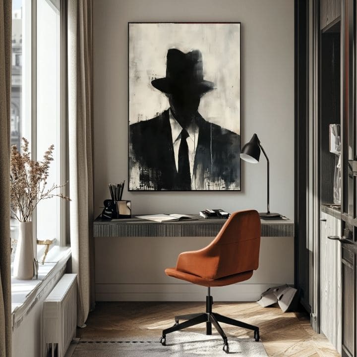 Pictat manual tablou pe pânză cu motivul The Faceless Mobster în negru-alb nuanțe, atmosferă misterioasă, mister și viață urbană | Tablou The Faceless Mobster – produs, vedere 5