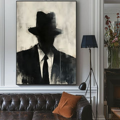 Pictat manual tablou pe pânză cu motivul The Faceless Mobster în negru-alb nuanțe, atmosferă misterioasă, mister și viață urbană | Tablou The Faceless Mobster – produs