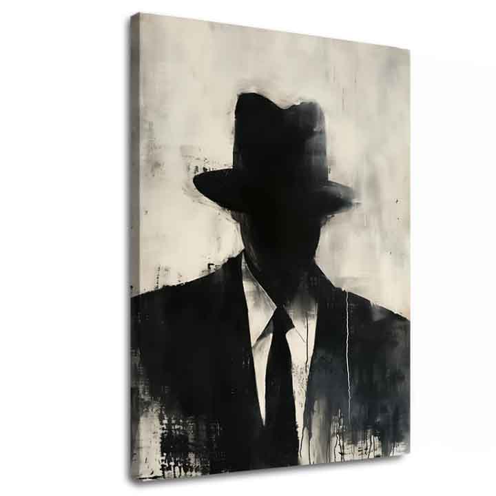 Pictat manual tablou pe pânză cu motivul The Faceless Mobster în negru-alb nuanțe, atmosferă misterioasă, mister și viață urbană | Tablou The Faceless Mobster – principală