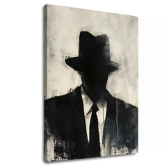 Pictat manual tablou pe pânză cu motivul The Faceless Mobster în negru-alb nuanțe, atmosferă misterioasă, mister și viață urbană | Tablou The Faceless Mobster – principală