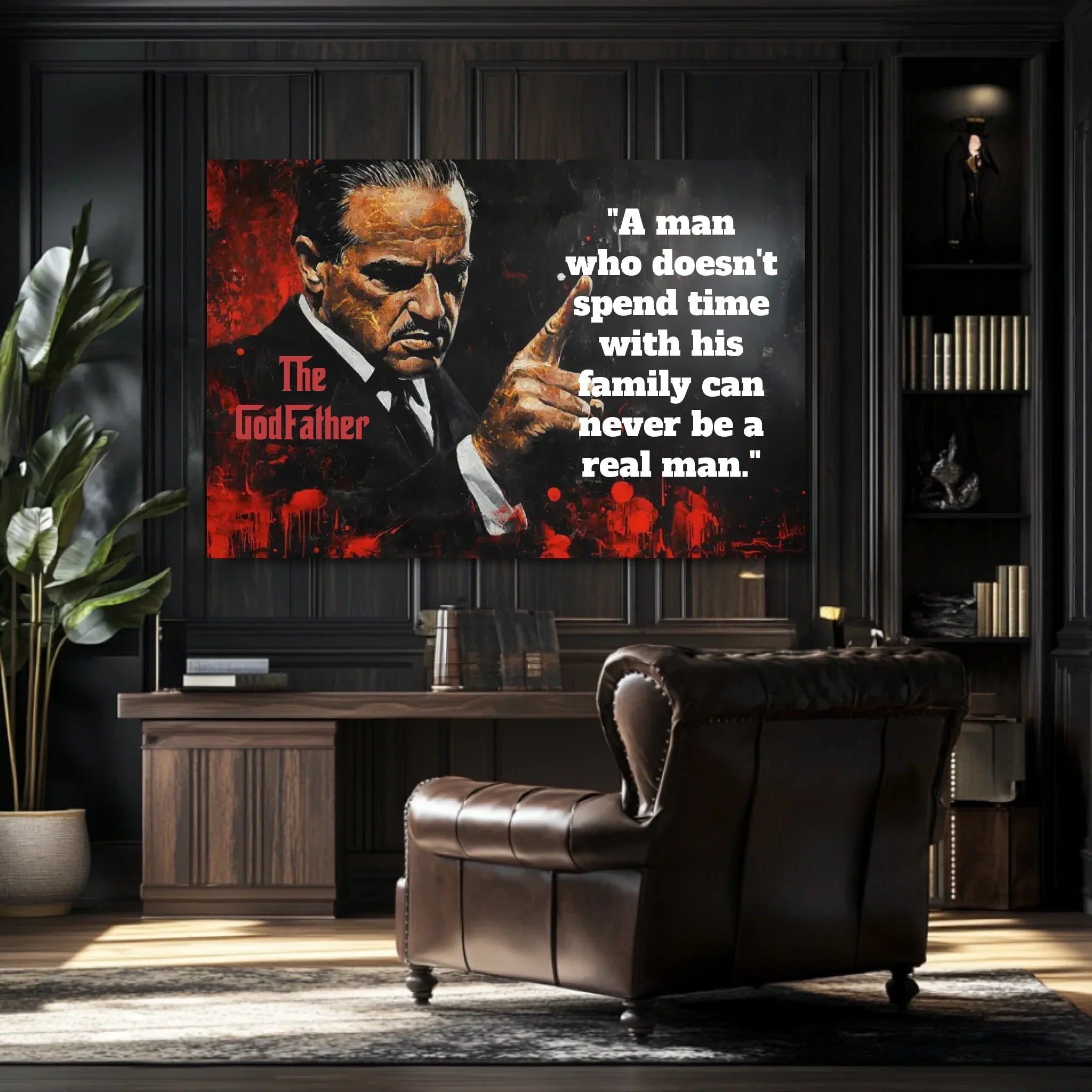 Pop art tablou pe pânză cu motivul The Godfather na pânză, bărbat în costum în negru-roșu nuanțe, atmosferă intensă, familie și forță și putere – produs