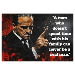 Pop art tablou pe pânză cu motivul The Godfather na pânză, bărbat în costum în negru-roșu nuanțe, atmosferă intensă, familie și forță și putere – principală