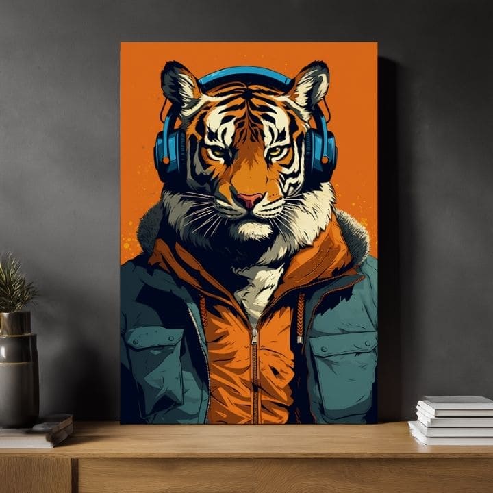 Modern tablou pe pânză cu motivul Tiger Vibes, tigru, căști, sacou în portocaliu-albastru nuanțe, natură | Tablou Tiger Vibes – produs