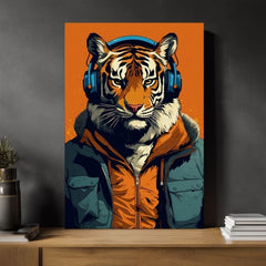 Modern tablou pe pânză cu motivul Tiger Vibes, tigru, căști, sacou în portocaliu-albastru nuanțe, natură | Tablou Tiger Vibes – produs