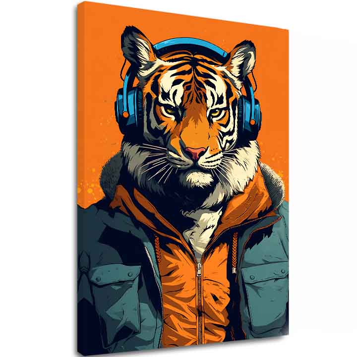 Modern tablou pe pânză cu motivul Tiger Vibes, tigru, căști, sacou în portocaliu-albastru nuanțe, natură | Tablou Tiger Vibes – principală